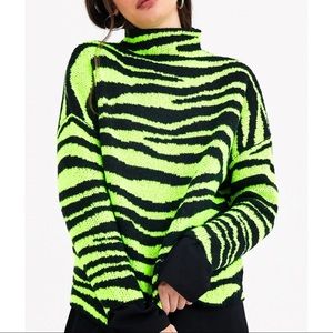 Neon Green Black Zebra Print Knit Mock Turtleneck Sweater